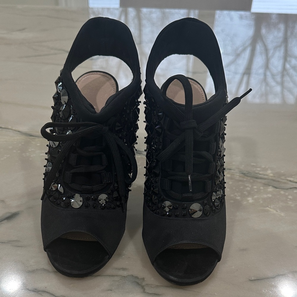 Miu Miu Black Embellished Peep-Toe Heels